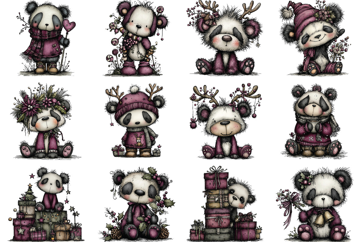 Whimsical Panda Christmas Clipart, an Illustration by CraftArtStudio (Photo 3 of 6)