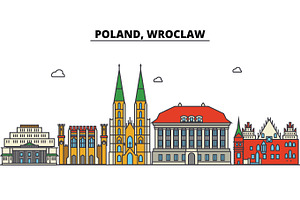 Poland, Wroclaw. City Skyline: Architecture, Buildings, Streets, Silhouette, Landscape, Panorama, Landmarks. Editable Strokes. Flat Design Line Vector