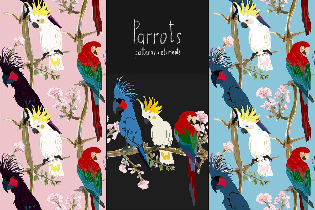 Parrot seamless + clipart vector set, a Pattern Graphic by PatternsBlooming