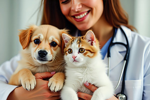 Smiling veterinarian with puppy and, an Animal Photo by Perpis
