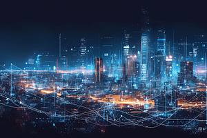 Futuristic Smart City Skyline With Digital Connections At Night