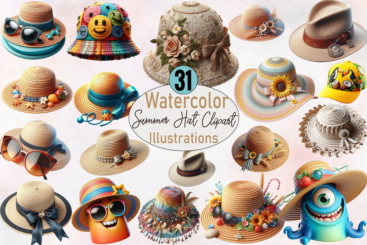 Watercolor Summer Hat Clipart Bund, an Illustration by SVGArt