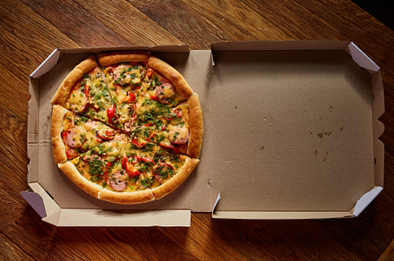 Pizza in the in delivery box stock photo containing pizza and box