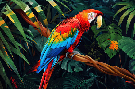 A colorful macaw rests on a branch,, a Photo by Tanuart