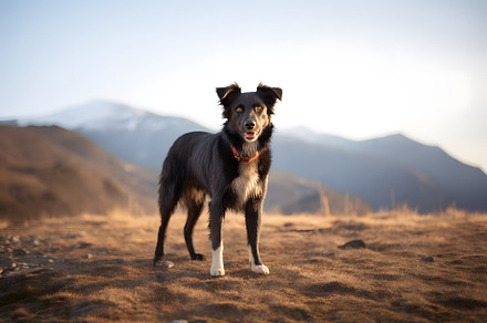 Portrait of beautiful Australian Shepherd dog standing on mountain road or path, an Animal Photo by Lenor4ik