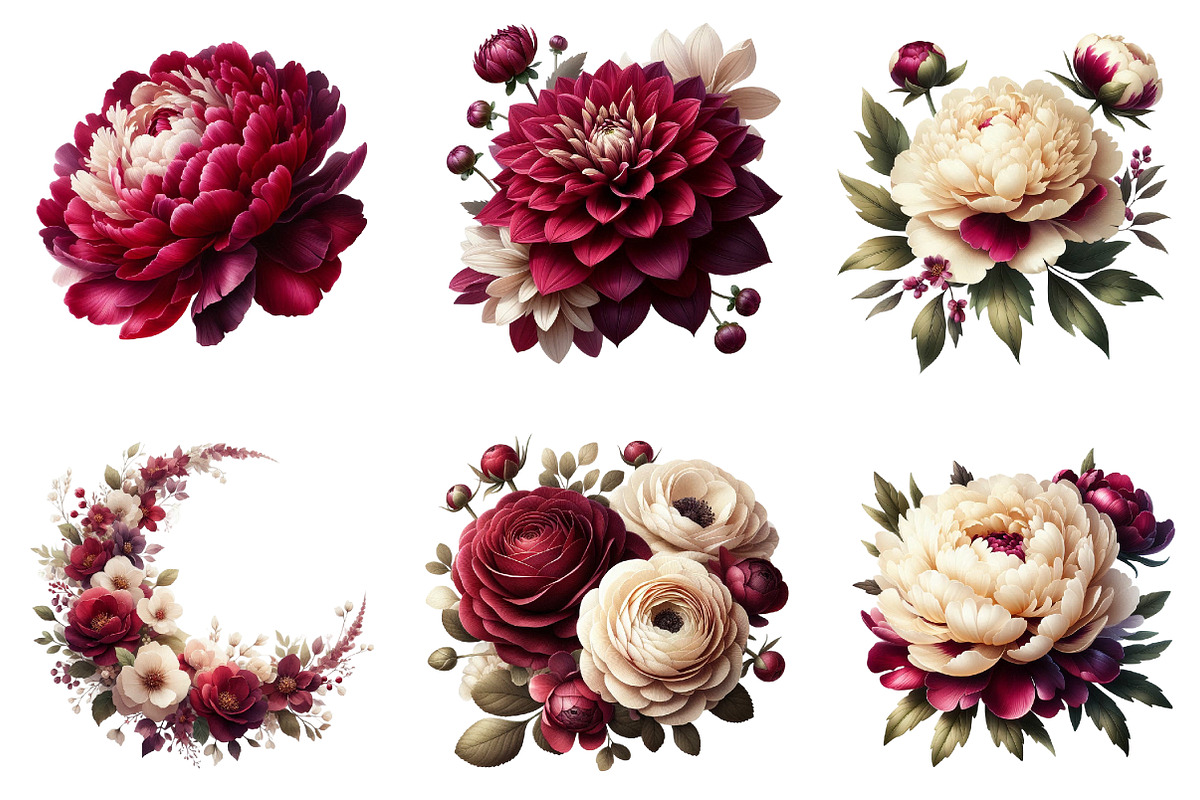 Burgundy & Ivory Floral Clipart, an Illustration by Dream Creation (Photo 3 of 7)