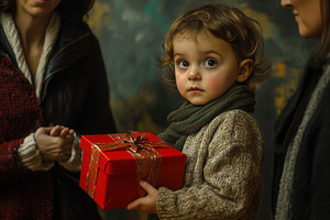 A child presents a red gift box, a Photo by Pavel_design