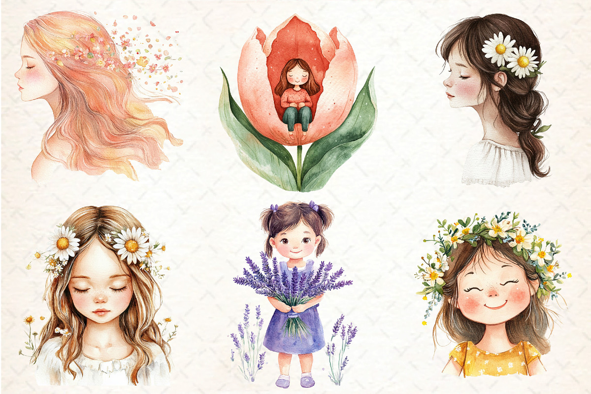 Cute Girl with Flowers Clipart, an Illustration by DreamCafeArt (Photo 4 of 8)