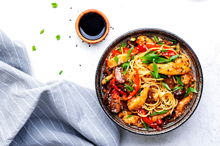 Stir fry noodles with chicken slices, red paprika, mushrooms, ch, a Food & Drink Photo by 5PH
