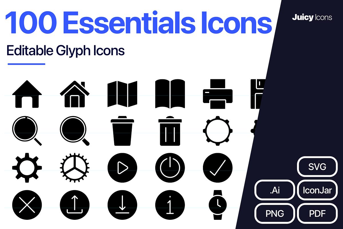 100 Essentials Glyph Vector Icons, an Outline Icon by Juicy Icons (Photo 1 of 6)