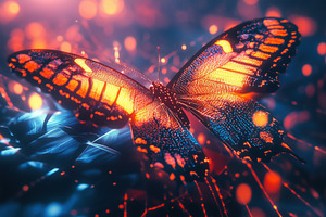A vibrant butterfly with glowing orange and blue patterns, set against a dreamy, an Animal Photo by Textures & Backgrounds