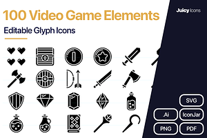 100 Video Game Elements Glyph Icons