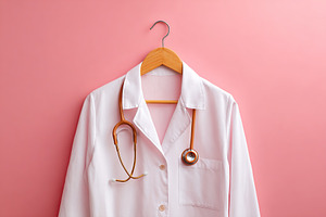 Medical lab coat hung on a hook with stethoscope against a pink background, a Health & Medical Photo by AlyaAnd