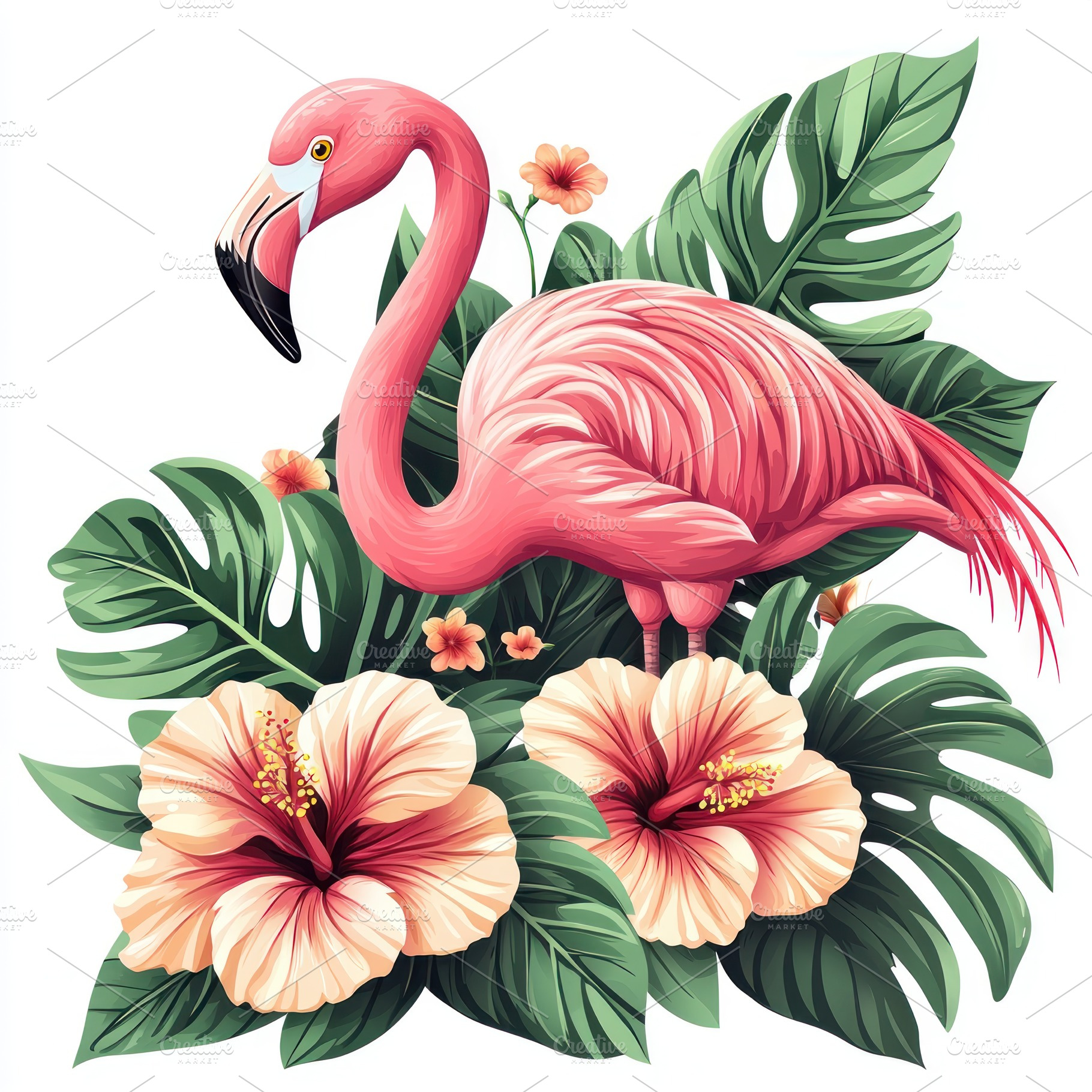 Tropical illustration of a pink flamingo standing among large gr, an Animal Photo by José Manuel Gelpi