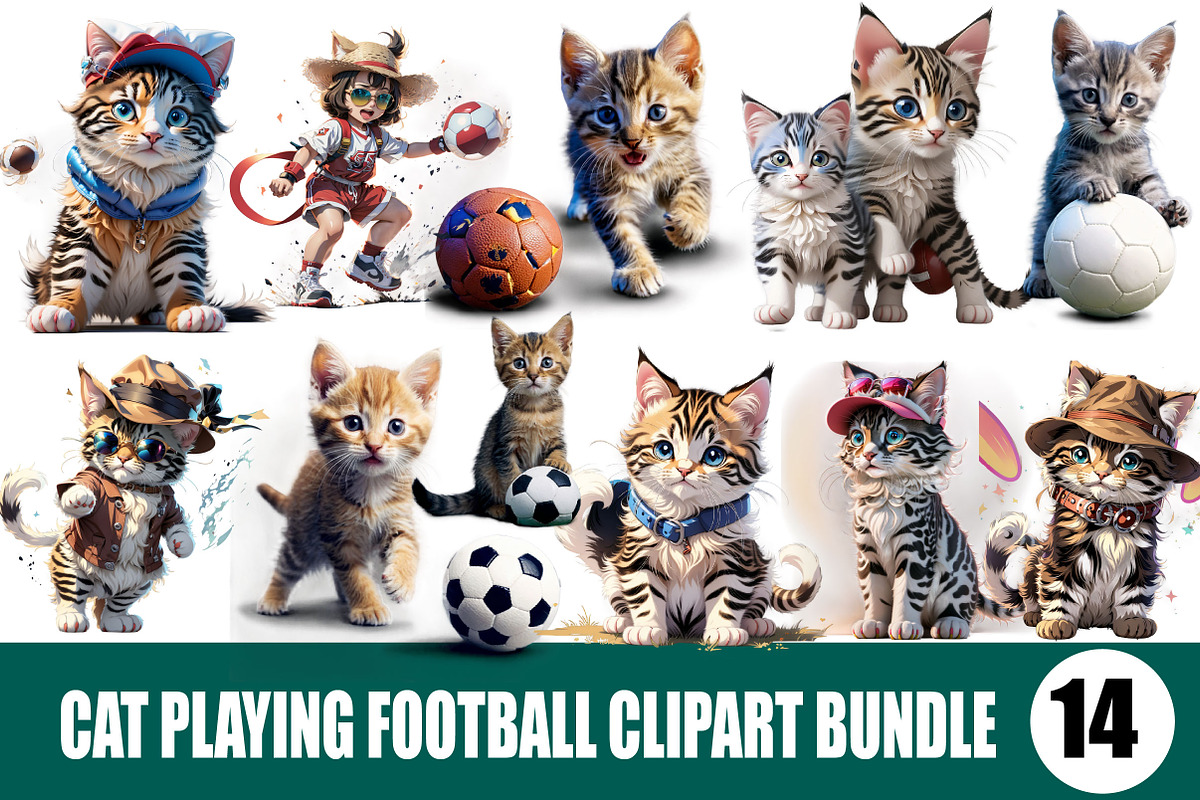 Cat playing Football Clipart Bundle, an Illustration by Wow Magic