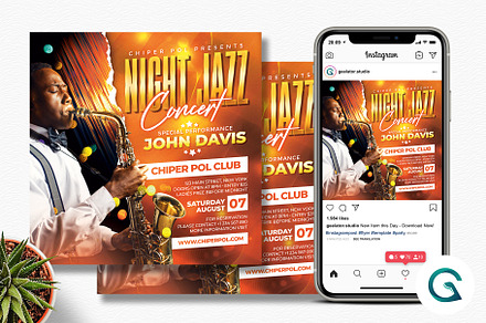 Night Jazz Concert Flyer Template, a Flyer Template by Geelator Studio