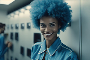 Stylish Young Black Woman Engineer With Blue Hair At Work. Looking At Camera. G