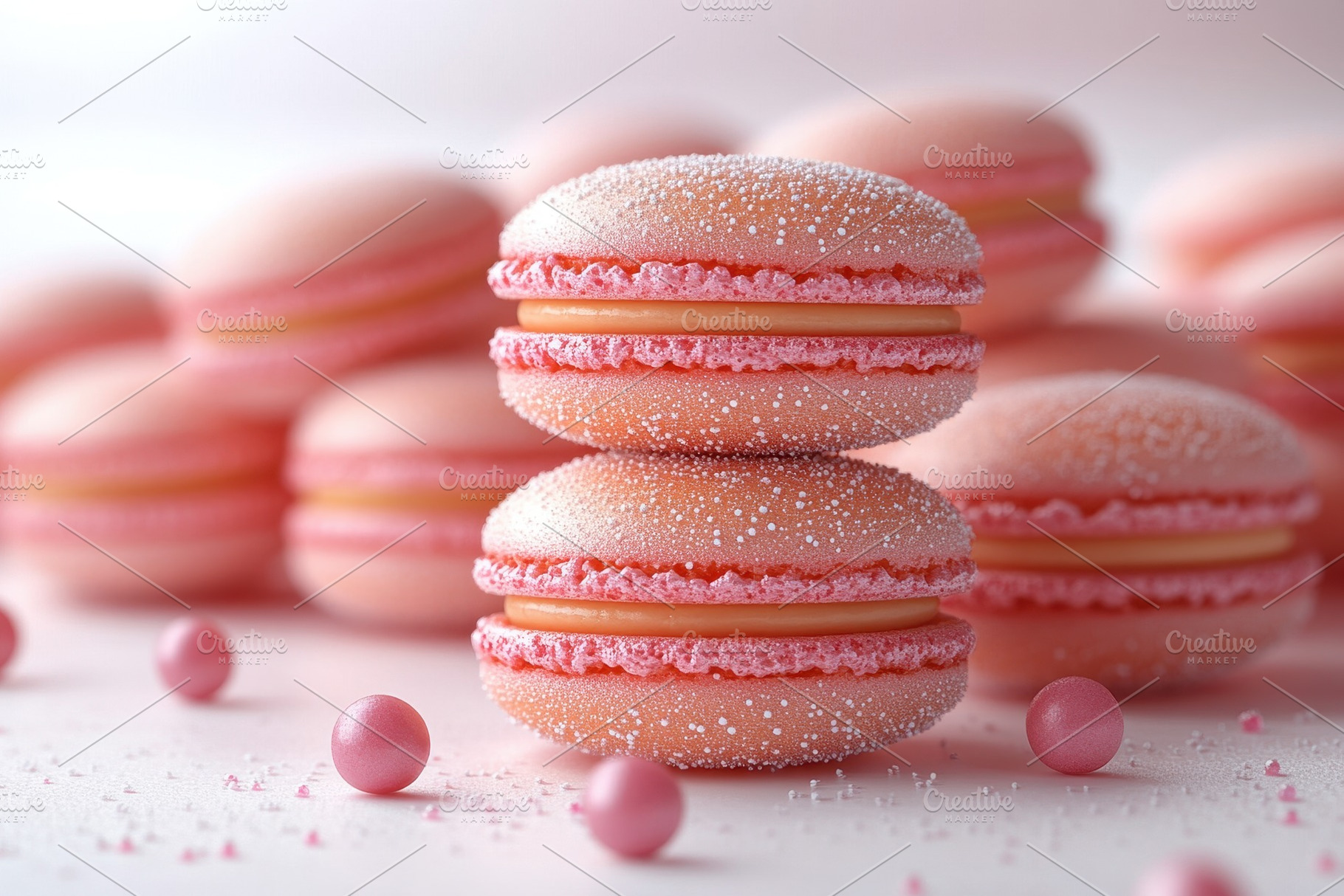 Delightful pink macarons arranged ap, a Photo by Tanuart