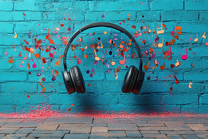Vibrant headphones surrounded by mus, a Photo by Tanuart