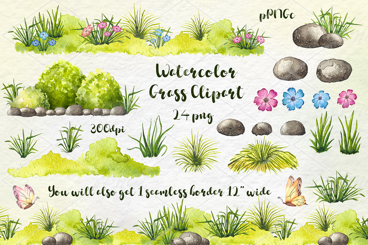 Watercolor Meadow/grass clipart, a Decorative Illustration by PassionPNGcreation (Photo 1 of 4)