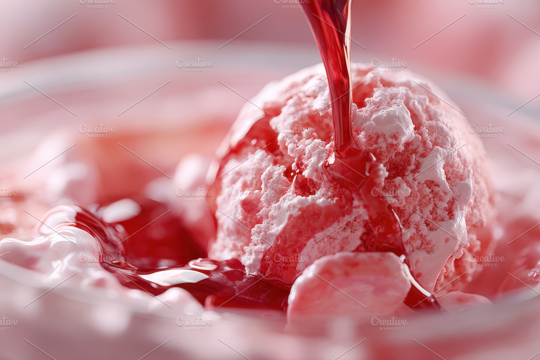 Pink ice cream with red syrup close up, a Food & Drink Photo by AlyaAnd