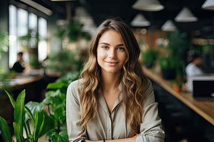 Smiling business girl in a modern op, a Photo by SaroStock