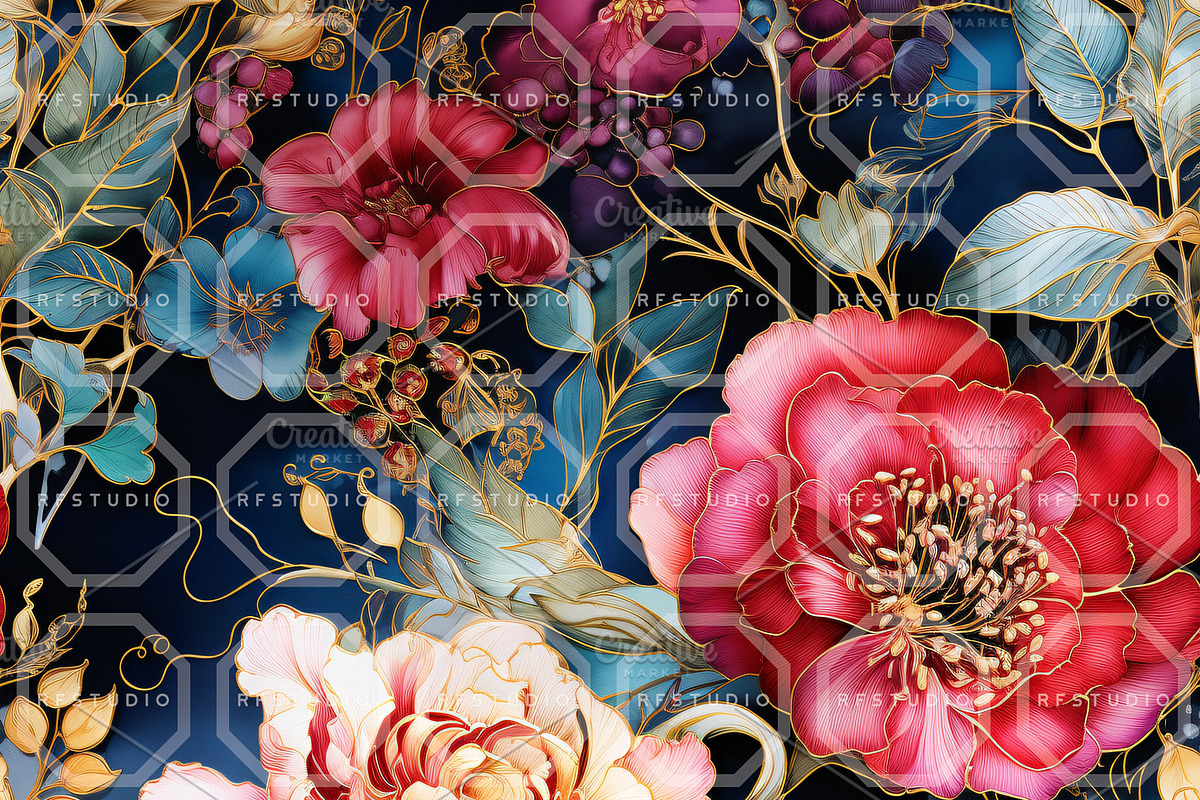 JEWELED BLOSSOMS. Seamless Patterns, a Texture Illustration by RefinedFantasyStudio (Photo 2 of 8)