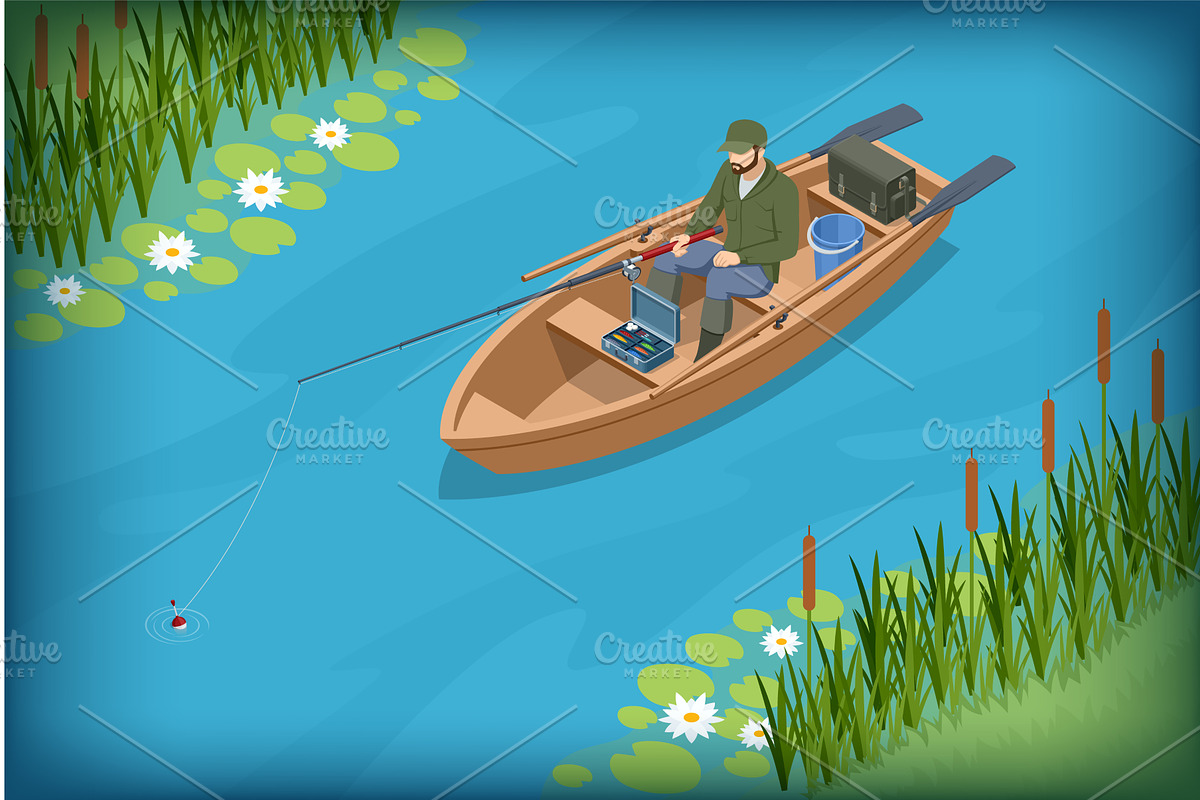 Isometric fisherman in a boat, a Sport Illustration by Golden Sikorka