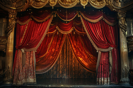 Ornate stage with raised red curtain, a Photo by Iftikhar Alam