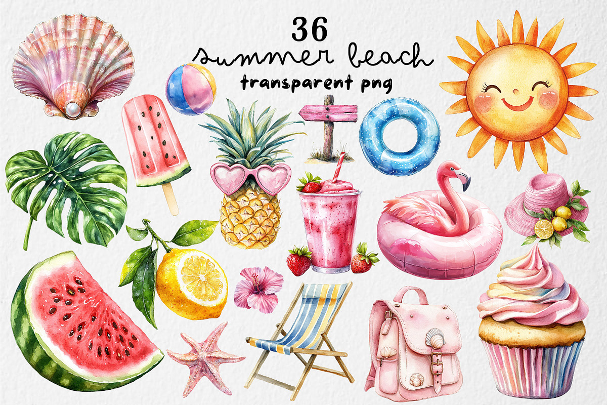 Watercolor Summer Beach Clipart PNG, an Illustration by Dream Creation (Photo 1 of 5)