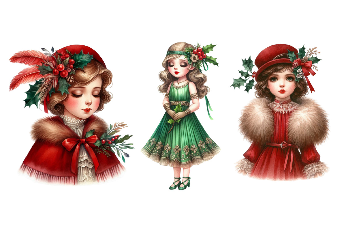 1920 Coquette Christmas Girls Clipar, an Illustration by Designworld (Photo 4 of 5)
