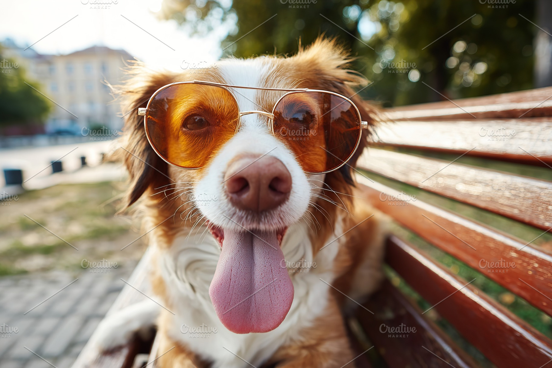 Happy dog enjoying a sunny day on a park bench while wearing sunglasses, a Photo by AlyaAnd