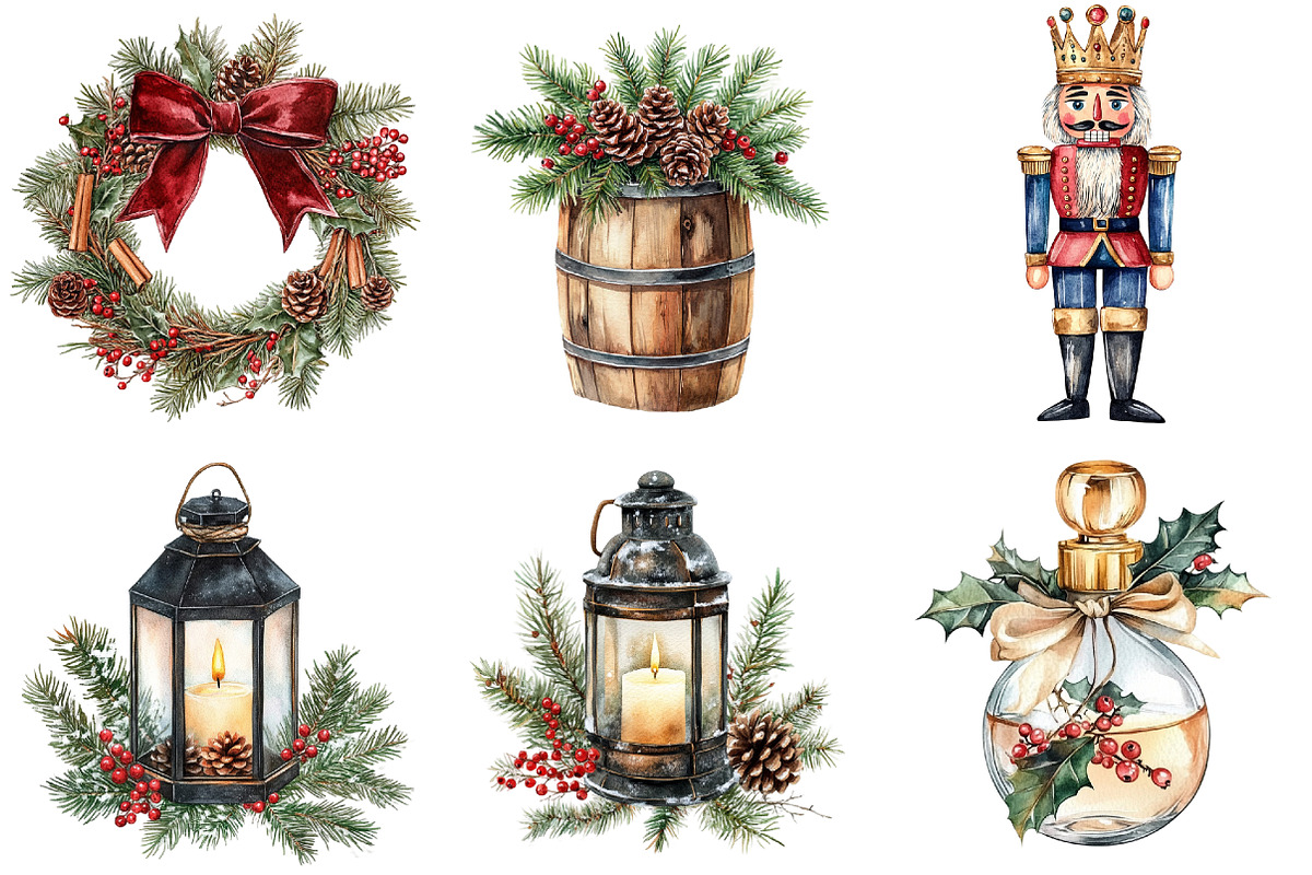 Antique Christmas Watercolor Clipart, a Seasonal Illustration by CitraGraphics (Photo 5 of 6)