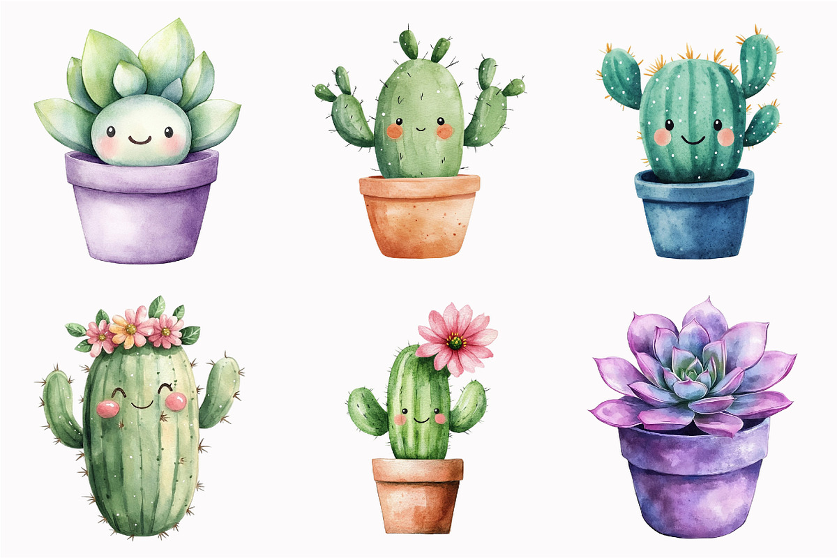 Watercolor Kawaii Plants Clipart, an Illustration by Design Market (Photo 4 of 4)