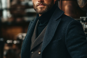 A stylish industrial designer man with glasses and a beard, wearing a dark coat, a Person Photo by Textures & Backgrounds