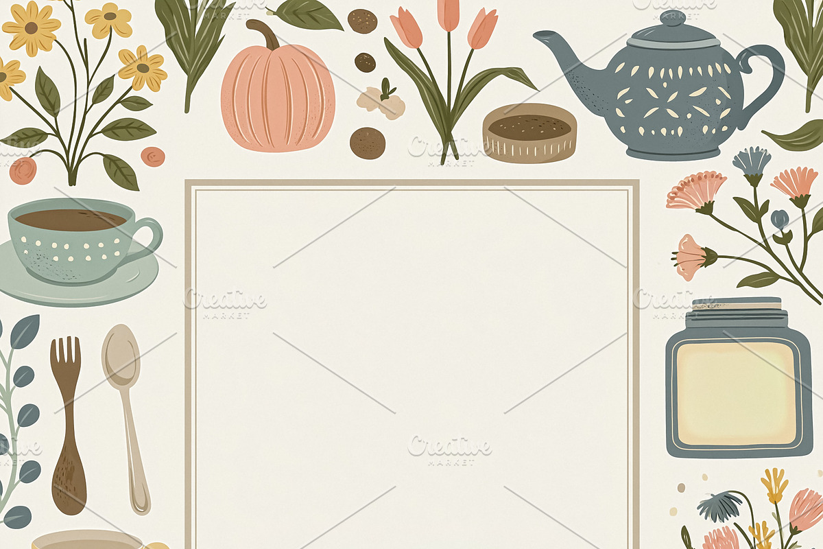 Cozy cottagecore frame with cats, flowers, teapots, and autumn p, an Illustration by Studio ANNA