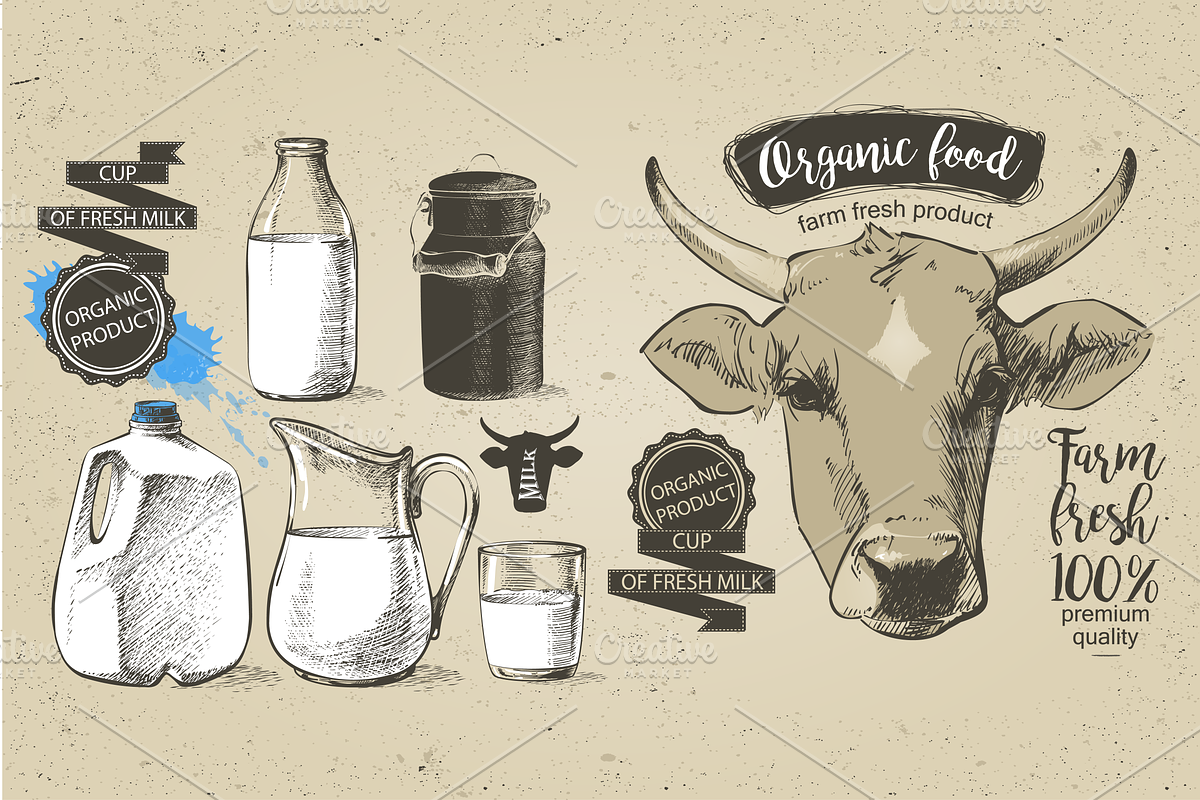 Cows and Milk. Hand drawn Vector set, an Animal Illustration by Alltruecolours (Photo 3 of 6)