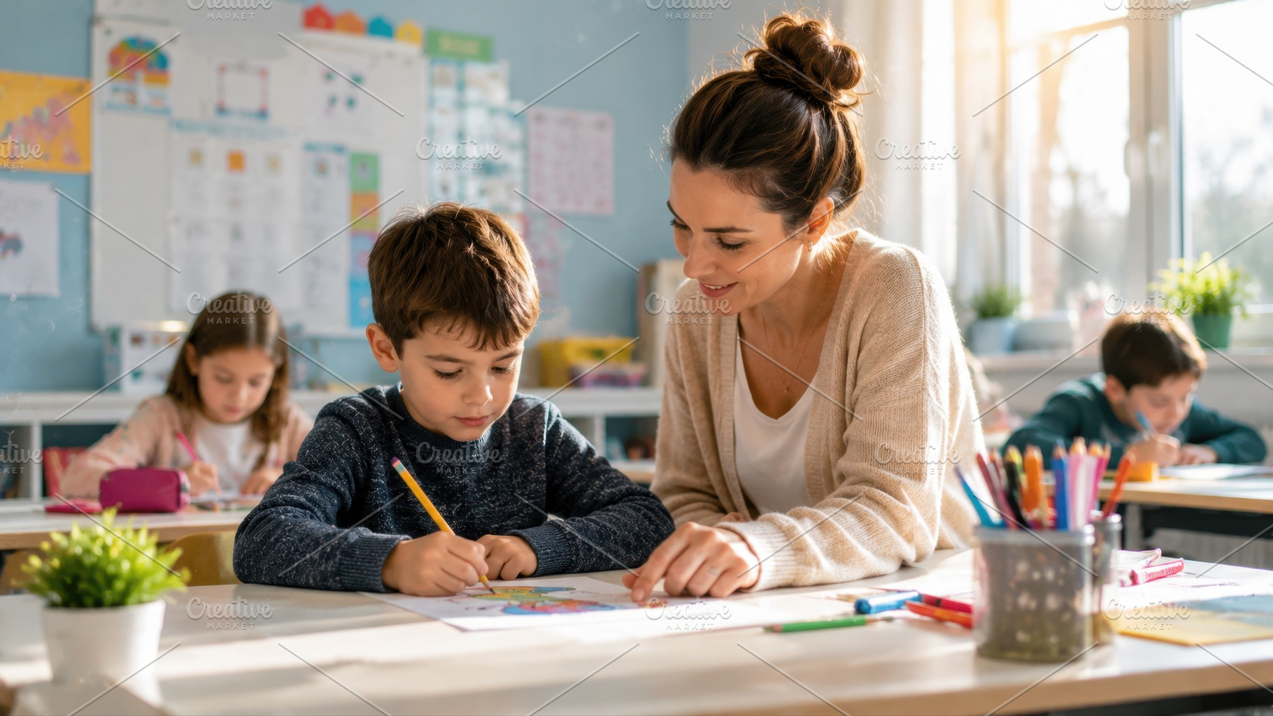 Child learns coloring in classroom, a Photo by Beautiful things