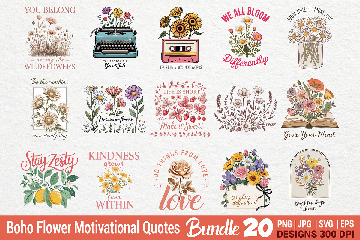 Boho Flowers Motivational Bundle, an Illustration by Actual Pixel (Photo 1 of 21)