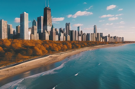 Chicago, Illinois, USA. Aerial view skyline at sunset. Generativ, an Architecture Photo by AS photostudio