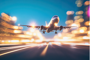 Airplane taking off over city at, a Transportation Photo by Lermont51