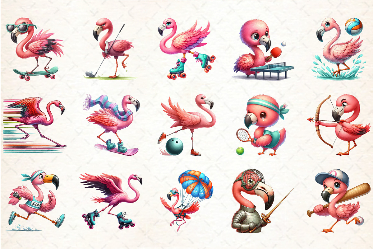 Cute Cartoon Sporty Flamingos, an Illustration by DreamCafeArt (Photo 2 of 5)