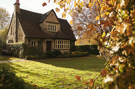 Autumn cottage in the English countryside style, old village arc, an Architecture Photo by Anneleven
