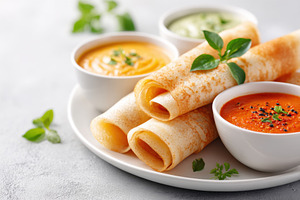 Delicious dosa with assorted chutneys, a Food & Drink Photo by AlyaAnd