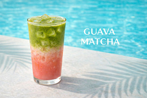 Guava matcha drink by poolside with, a Photo by Dvoevnore photos