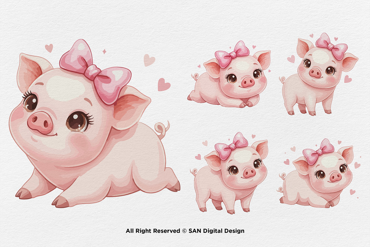 15 Bundle Watercolor Girl Pig Pink, an Animal Illustration by Morspective (Photo 6 of 8)