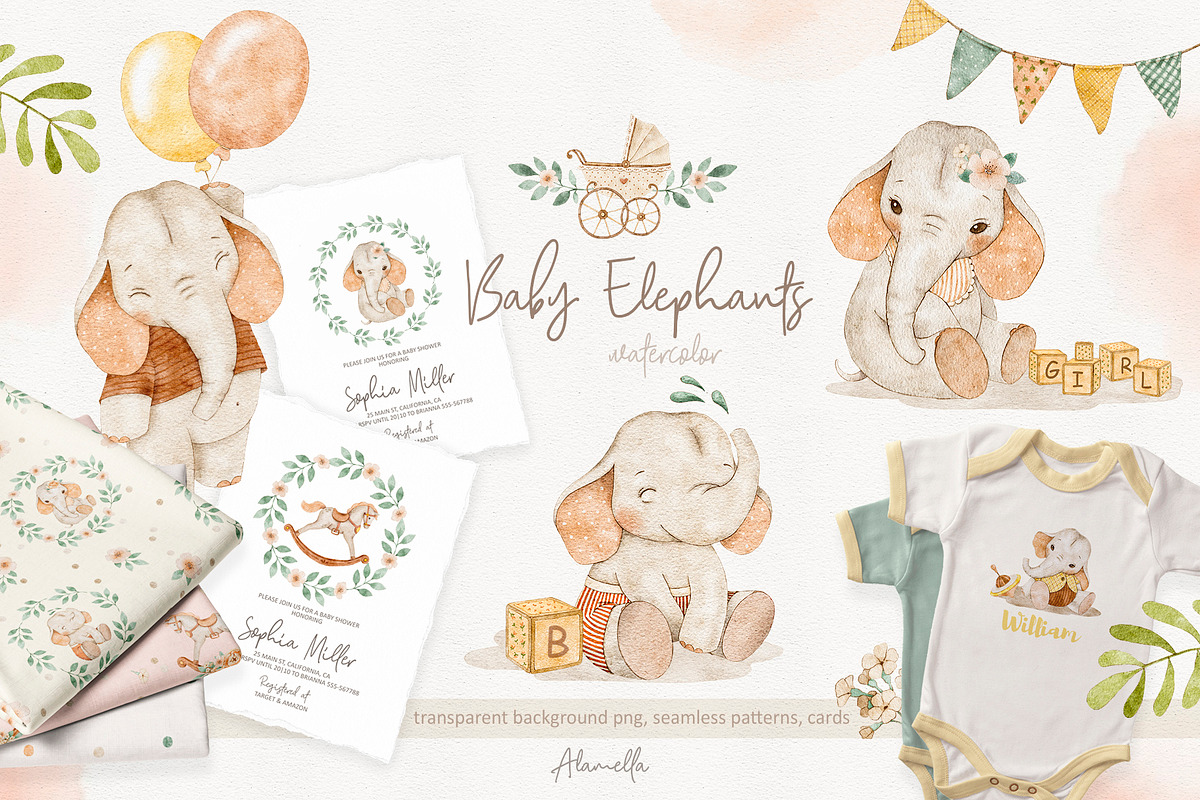 Baby Elephants Animals Watercolor, an Animal Illustration by Alamella (Photo 1 of 9)