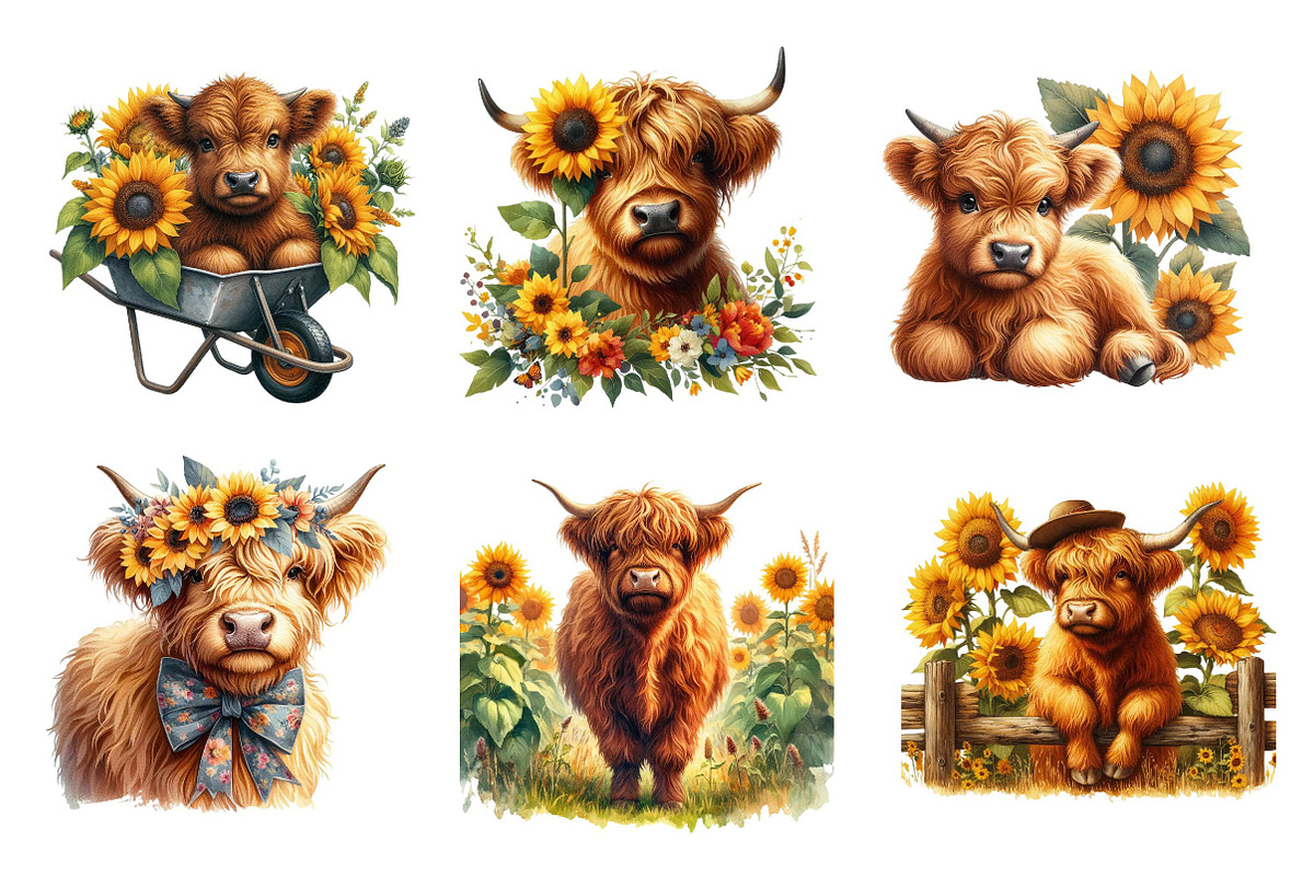 Watercolor Sunflower Highland Cow, an Illustration by CreationArt (Photo 4 of 5)