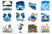 Blue Summer Outdoor Watercolor Clipa, a Seasonal Illustration by RobertsArt (Thumbnail 2 of 7)
