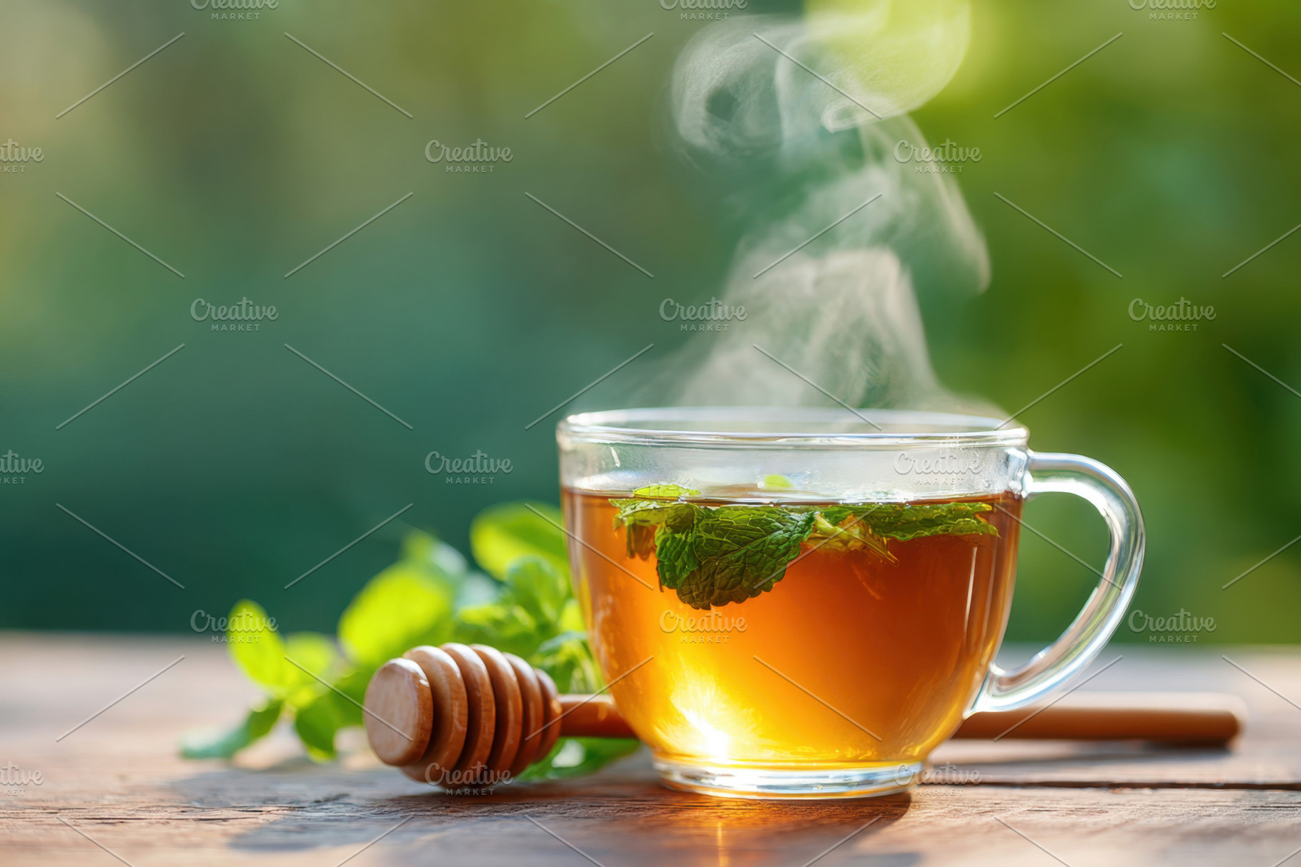Steaming cup of herbal tea with mint and honey, a Food & Drink Photo by AlyaAnd